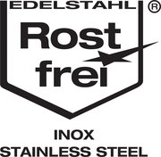 Logo mit der Aufschrift 'Edelstahl Rostfrei INOX Stainless Steel' in schwarzer Schrift auf weißem Hintergrund, frontal betrachtet.