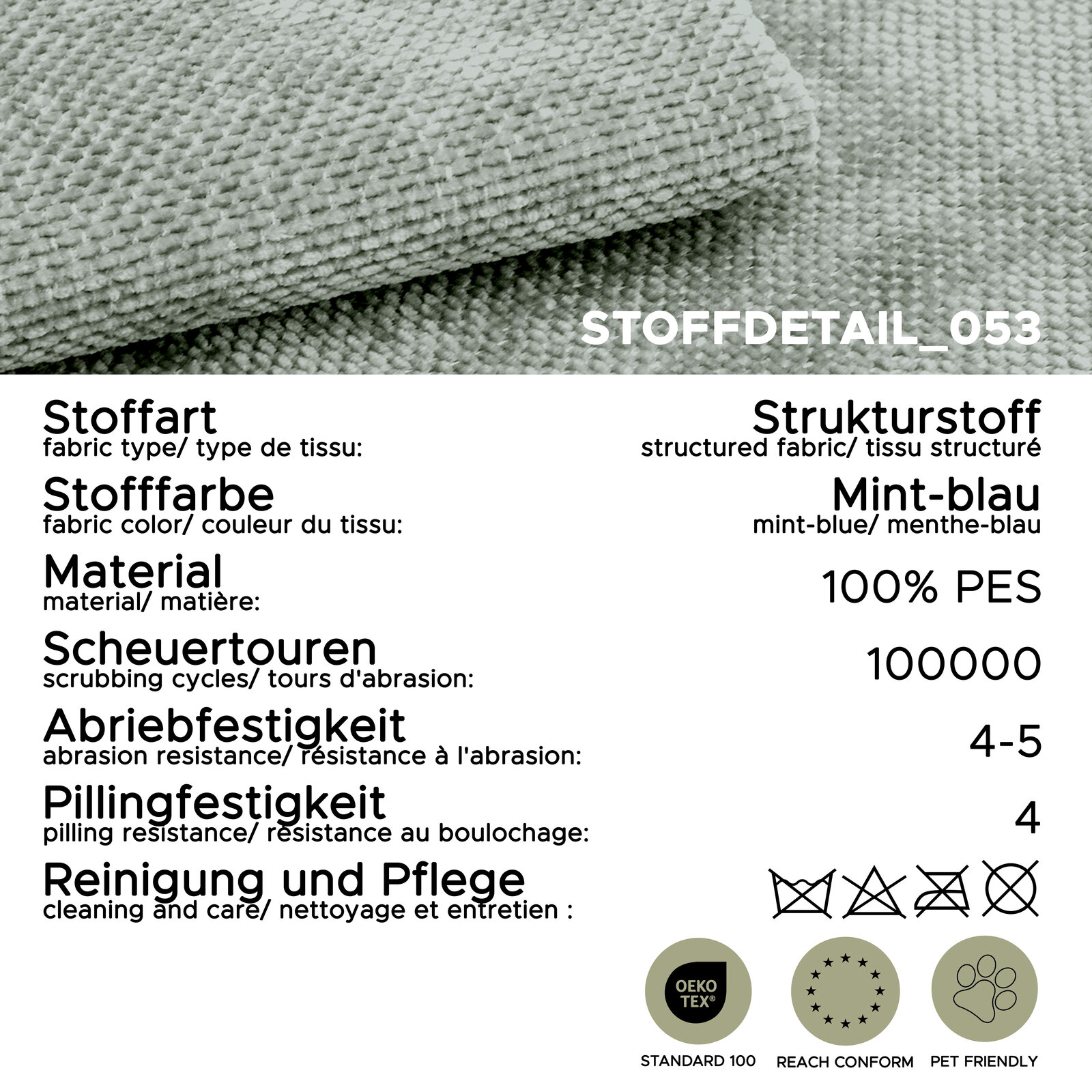 Nahaufnahme aus schräger Draufsicht auf mint-blauen Strukturstoff (100% PES) mit Stoffdetail und Pflegehinweisen; abriebfest 100.000 Scheuertouren, Pillingfestigkeit 4, OEKO-TEX Standard 100, REACH-konform und pet friendly.