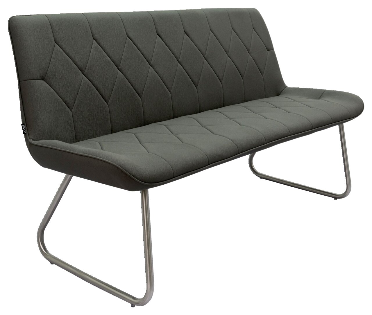 Graue Polsterbank mit modernem Design und Metallbeinen, seitliche Perspektive