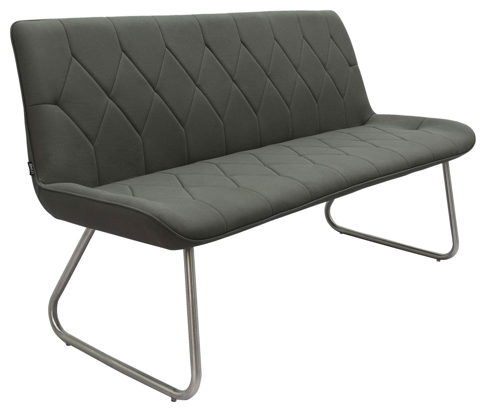 Graue Polsterbank mit modernem Design und Metallbeinen, seitliche Perspektive