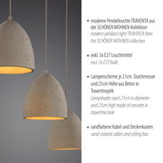Moderne Pendelleuchte TRAVENTA mit drei zylindrischen Betonschirmen in Travertinoptik und sandfarbenen Kabeln, frontal in leichter Untersicht vor grauem Hintergrund