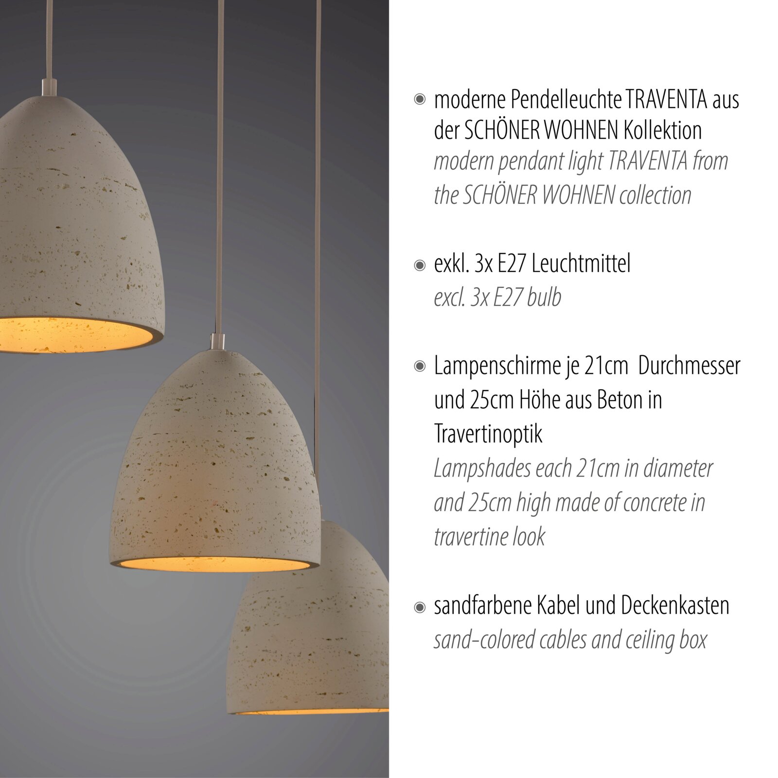 Moderne Pendelleuchte TRAVENTA mit drei zylindrischen Betonschirmen in Travertinoptik und sandfarbenen Kabeln, frontal in leichter Untersicht vor grauem Hintergrund