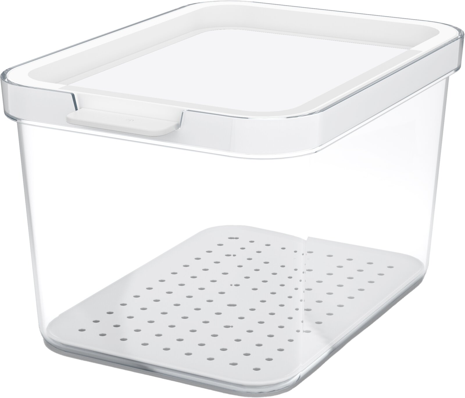 Transparente rechteckige Aufbewahrungsbox aus Kunststoff mit weißem Deckel und gelochtem Einsatzboden, freigestellt auf Weiß, Perspektive: leicht von oben in 3/4-Ansicht.