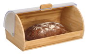 Bambus-Brotkasten mit transparentem Deckel, gefüllt mit einem Laib Brot, seitliche Perspektive