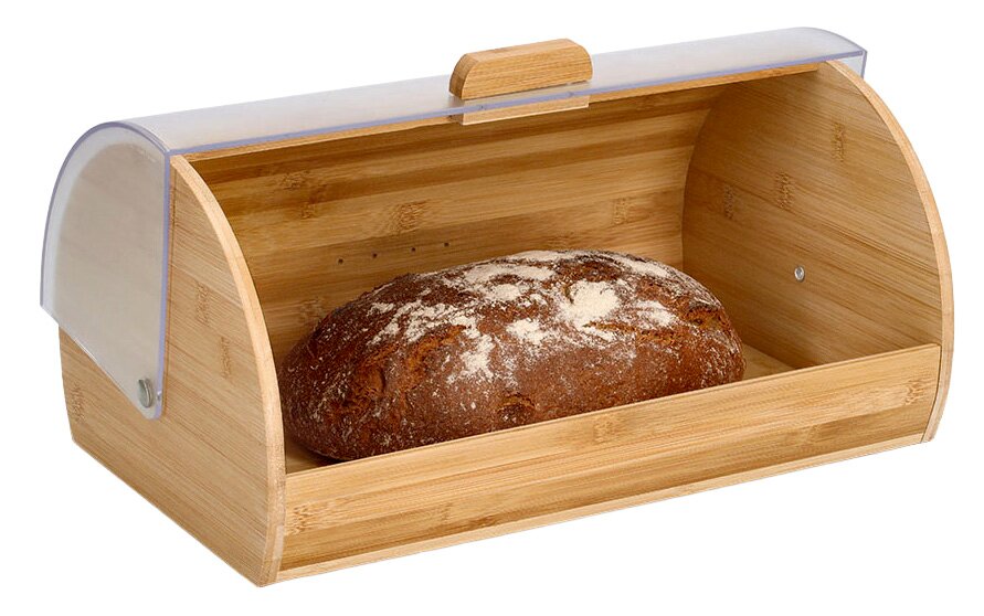 Bambus-Brotkasten mit transparentem Deckel, gefüllt mit einem Laib Brot, seitliche Perspektive