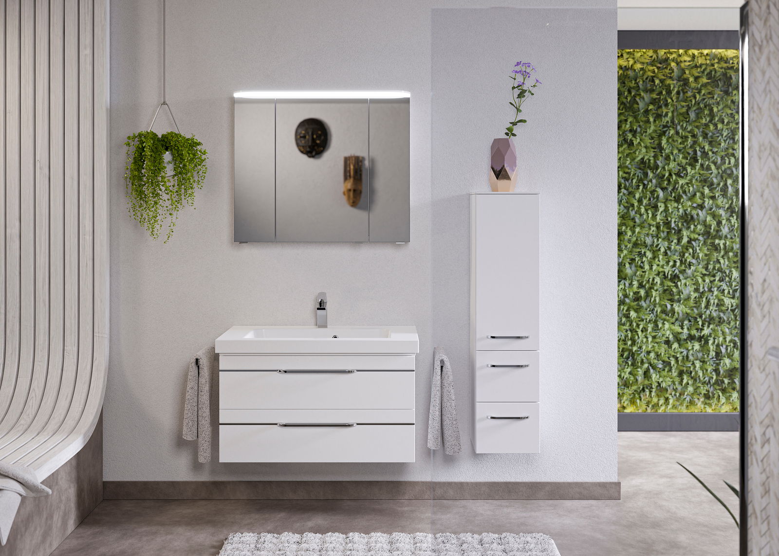 Moderne Badezimmermöbel in Weiß mit Waschbecken, Spiegel und Hängeschrank, frontal betrachtet.