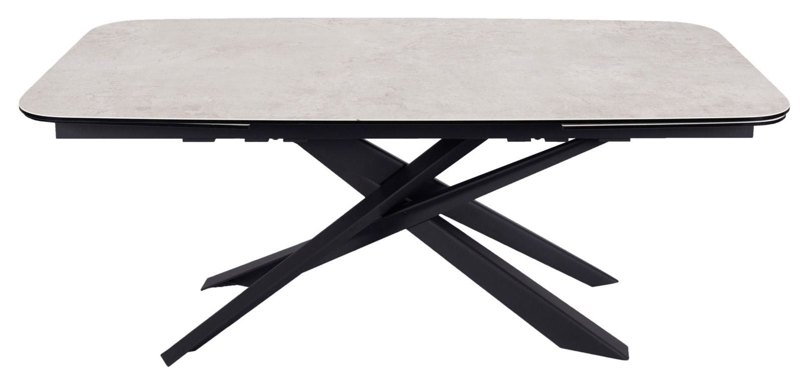 Novel Esstisch SNOW Moderner Esstisch mit heller Tischplatte und schwarzem, gekreuztem Metallgestell, seitliche Perspektive