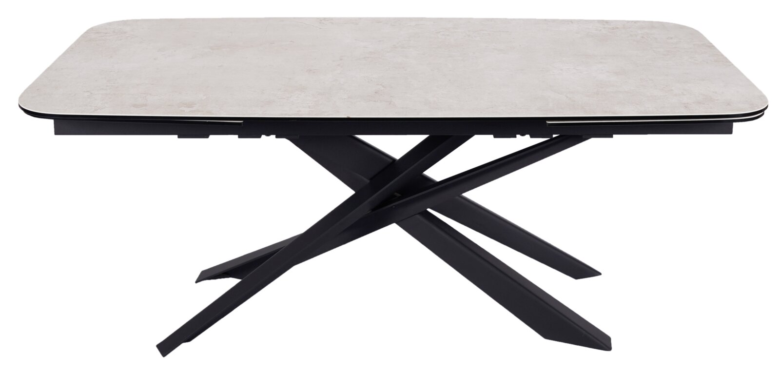 Novel Esstisch SNOW Moderner Esstisch mit heller Tischplatte und schwarzem, gekreuztem Metallgestell, seitliche Perspektive