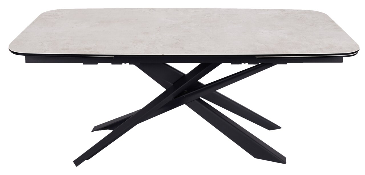 Novel Esstisch SNOW Moderner Esstisch mit heller Tischplatte und schwarzem, gekreuztem Metallgestell, seitliche Perspektive