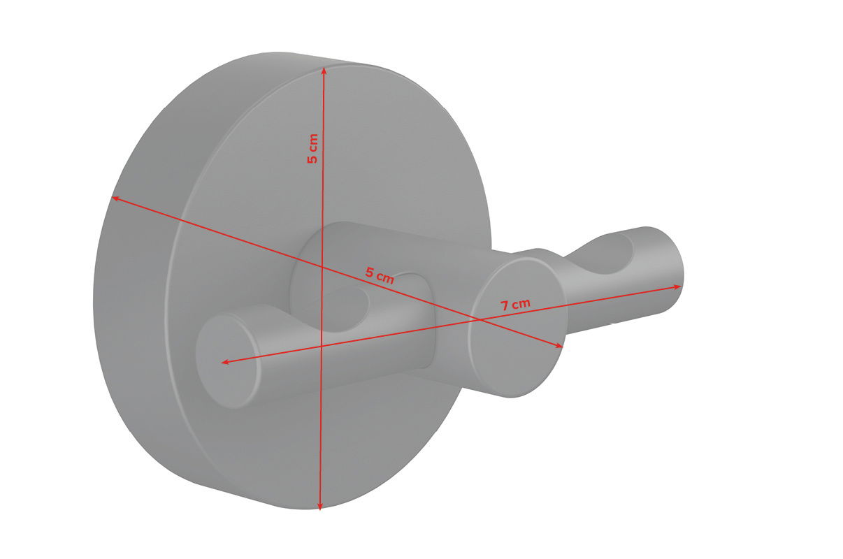 Perspektivische Ansicht eines runden, schwarzen Bademantelhakens mit zwei Hakenarmen, Maße 5 cm x 7 cm.