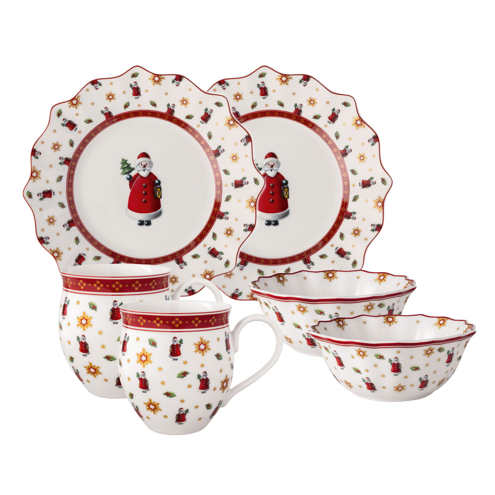 Frontalansicht eines sechsteiligen Frühstückssets mit weihnachtlichem Santa-Motiv, bestehend aus zwei Tellern, zwei Tassen und zwei Schalen.