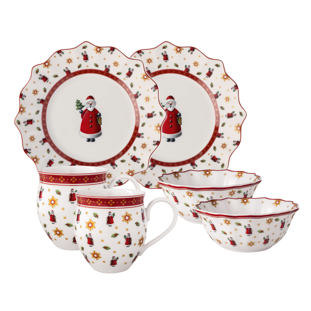 Frontalansicht eines sechsteiligen Frühstückssets mit weihnachtlichem Santa-Motiv, bestehend aus zwei Tellern, zwei Tassen und zwei Schalen.