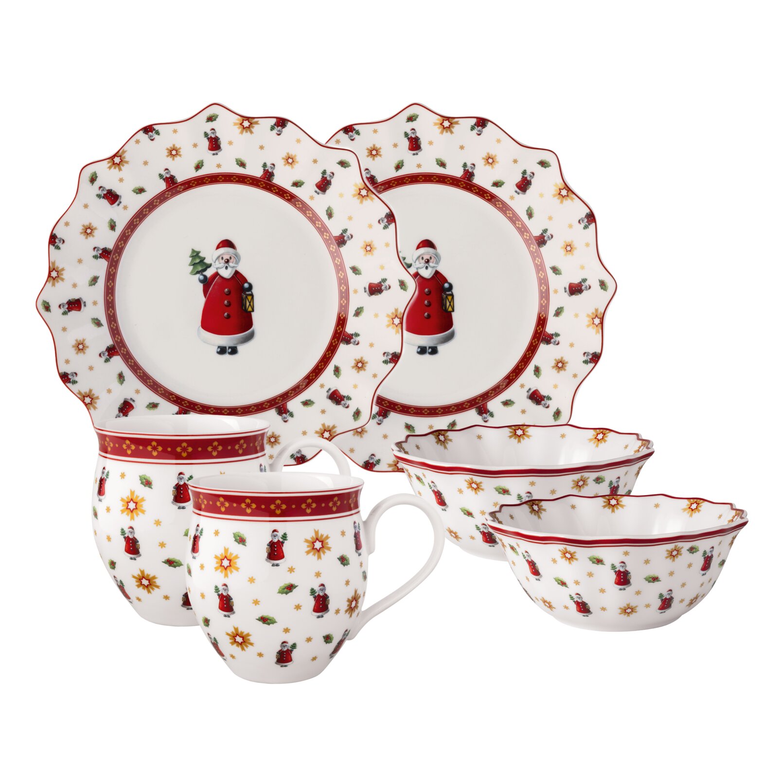 Villeroy & Boch Ontbijtset 6-delig SANTA Vooraanzicht van een zesdelige ontbijtset met een kerstmotief van de kerstman, bestaande uit twee borden, twee kopjes en twee schalen.