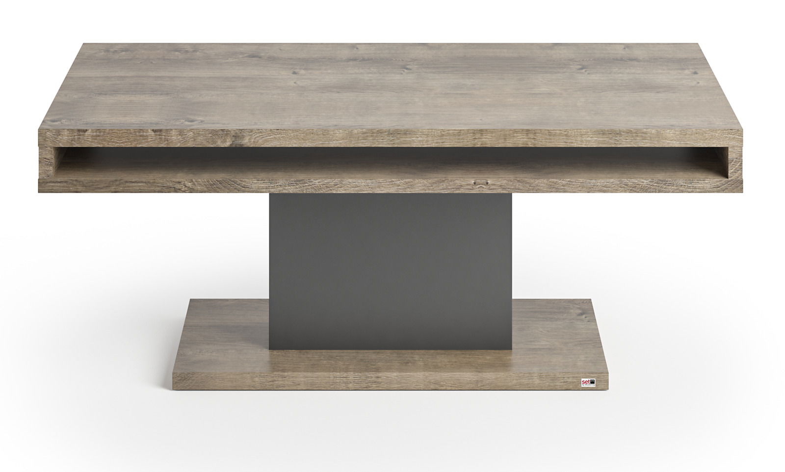 Moderner Couchtisch aus Holz mit rechteckiger Tischplatte und zentralem Standfuß, Frontalansicht.