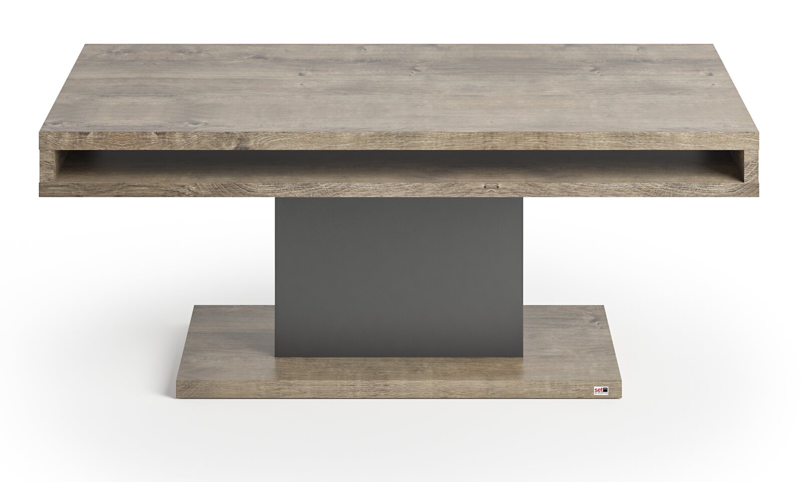 Moderner Couchtisch aus Holz mit rechteckiger Tischplatte und zentralem Standfuß, Frontalansicht.