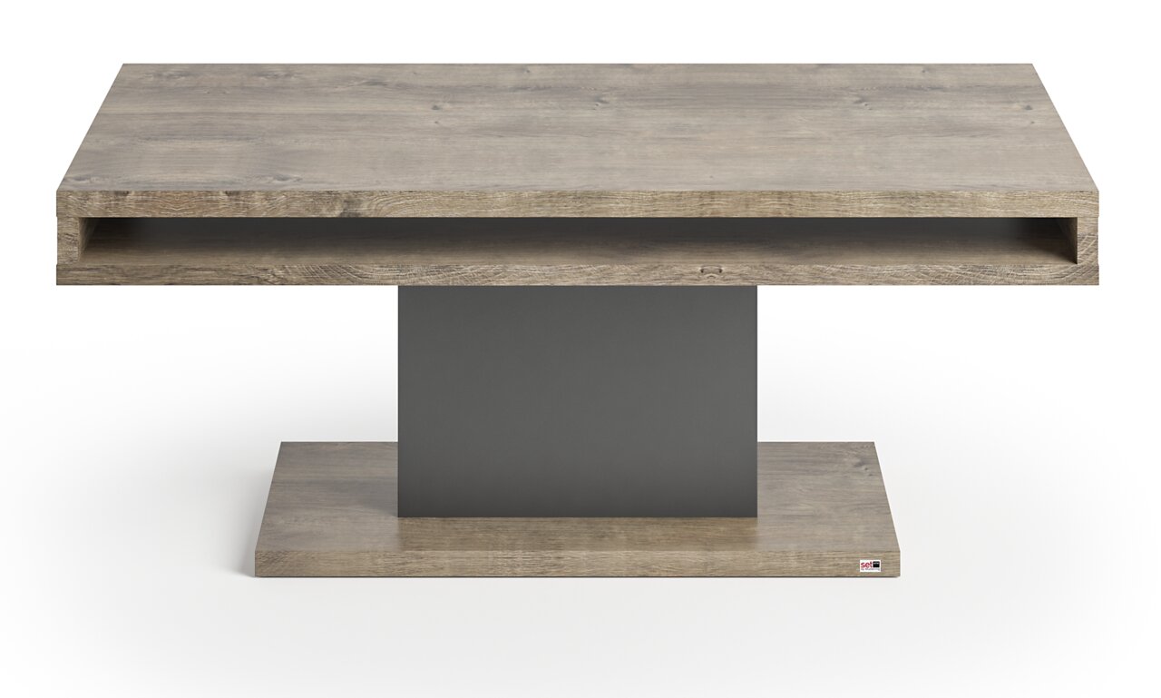 Moderner Couchtisch aus Holz mit rechteckiger Tischplatte und zentralem Standfuß, Frontalansicht.