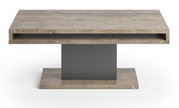 Moderner Couchtisch aus Holz mit rechteckiger Tischplatte und zentralem Standfuß, Frontalansicht.