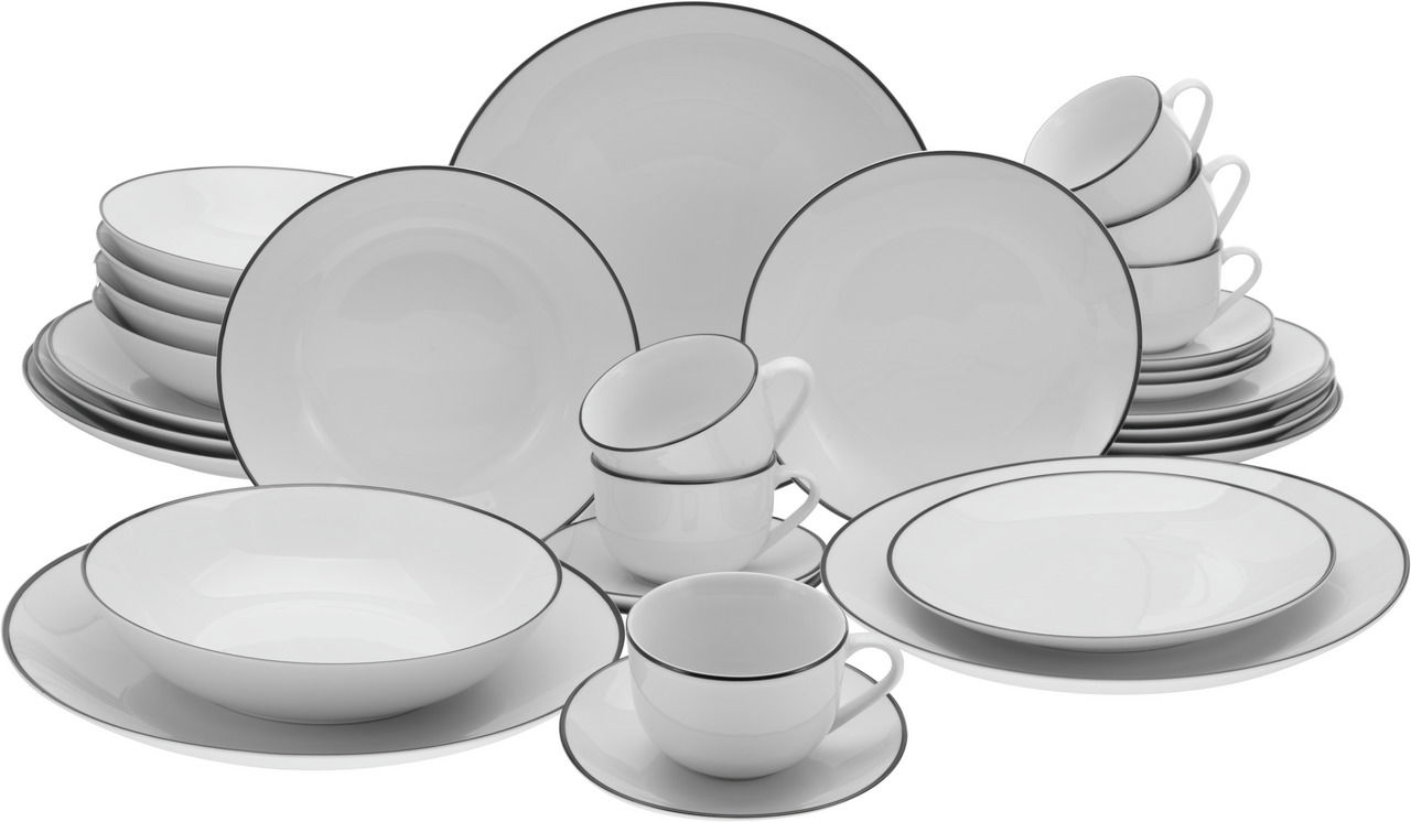 Creatable Kombiservice 30-tlg. LUNA BLACK LINE Kombiservice 30-teilig Luna Black L, bestehend aus weißen Tellern, Schalen und Tassen mit schwarzem Rand, frontal abgebildet.