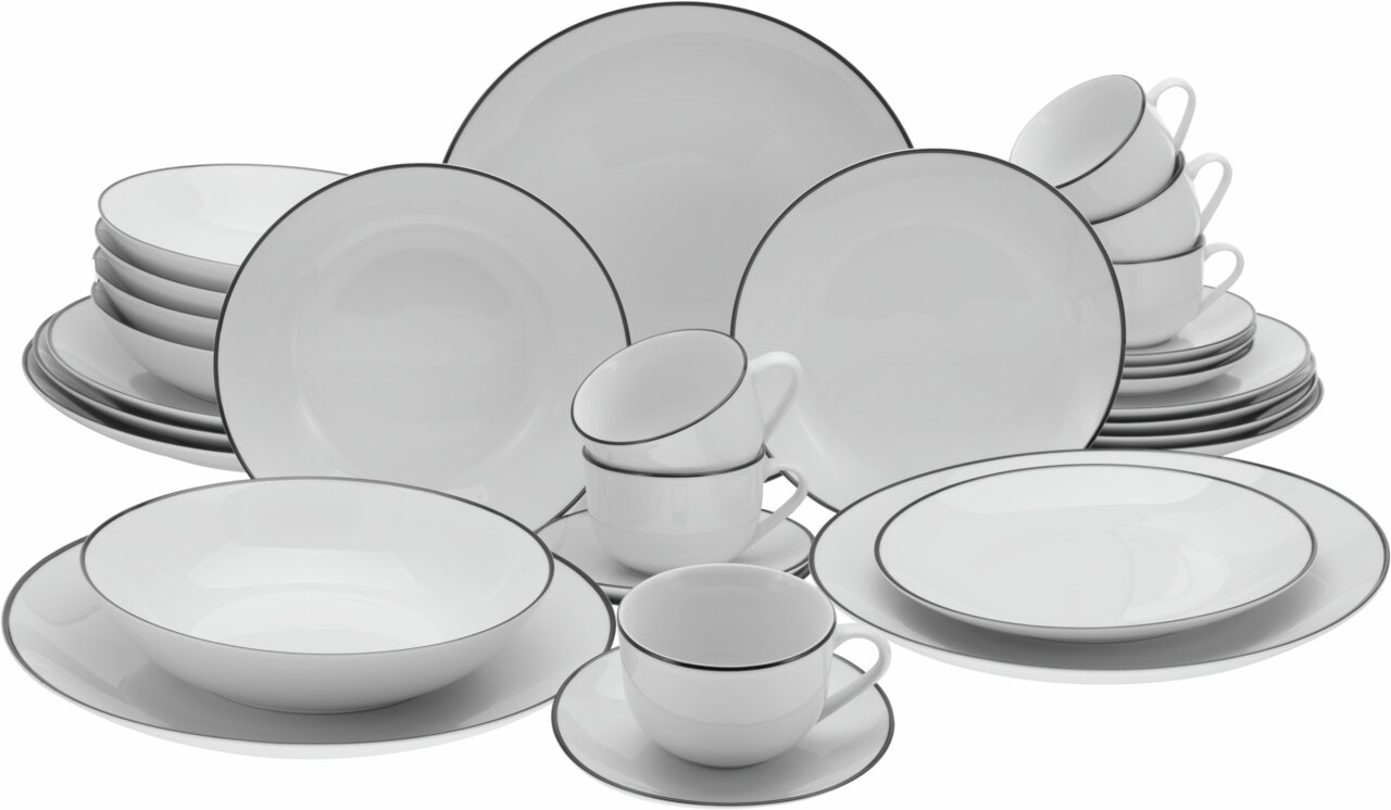 Creatable Kombiservice 30-tlg. LUNA BLACK LINE Kombiservice 30-teilig Luna Black L, bestehend aus weißen Tellern, Schalen und Tassen mit schwarzem Rand, frontal abgebildet.