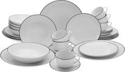 Kombiservice 30-teilig Luna Black L, bestehend aus weißen Tellern, Schalen und Tassen mit schwarzem Rand, frontal abgebildet.