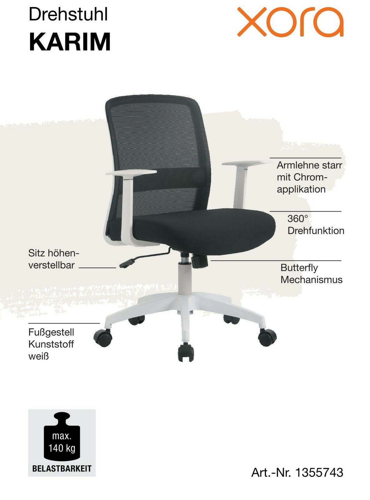 Bürostuhl mit schwarzem Netzrücken, höhenverstellbarem Sitz, starren Armlehnen mit Chromapplikation, weißem Kunststofffußgestell und 360° Drehfunktion, seitliche Perspektive