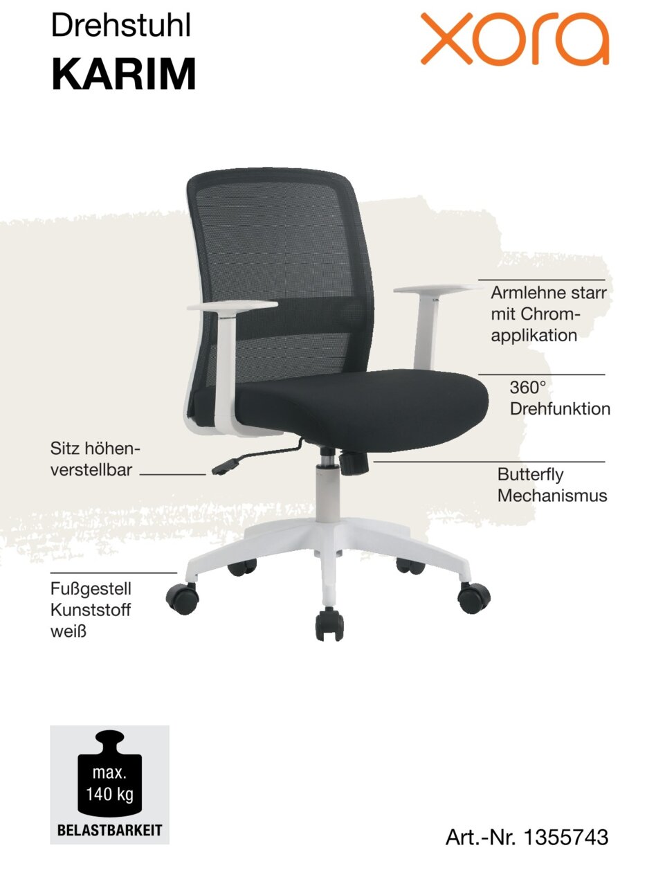 Bürostuhl mit schwarzem Netzrücken, höhenverstellbarem Sitz, starren Armlehnen mit Chromapplikation, weißem Kunststofffußgestell und 360° Drehfunktion, seitliche Perspektive