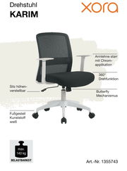 Bürostuhl mit schwarzem Netzrücken, höhenverstellbarem Sitz, starren Armlehnen mit Chromapplikation, weißem Kunststofffußgestell und 360° Drehfunktion, seitliche Perspektive