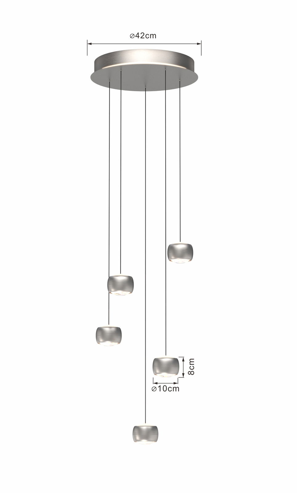 Moderne LED-Pendelleuchte mit fünf hängenden Leuchtkörpern, Draufsicht