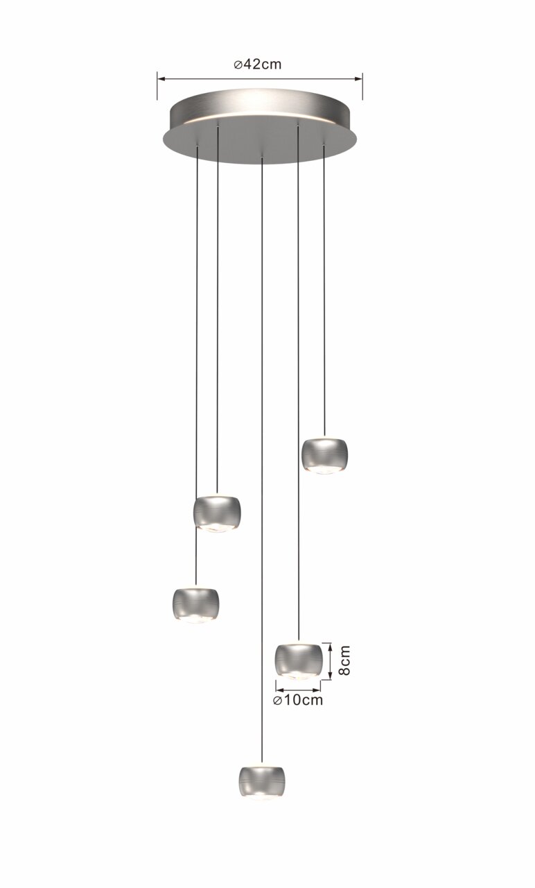 Moderne LED-Pendelleuchte mit fünf hängenden Leuchtkörpern, Draufsicht