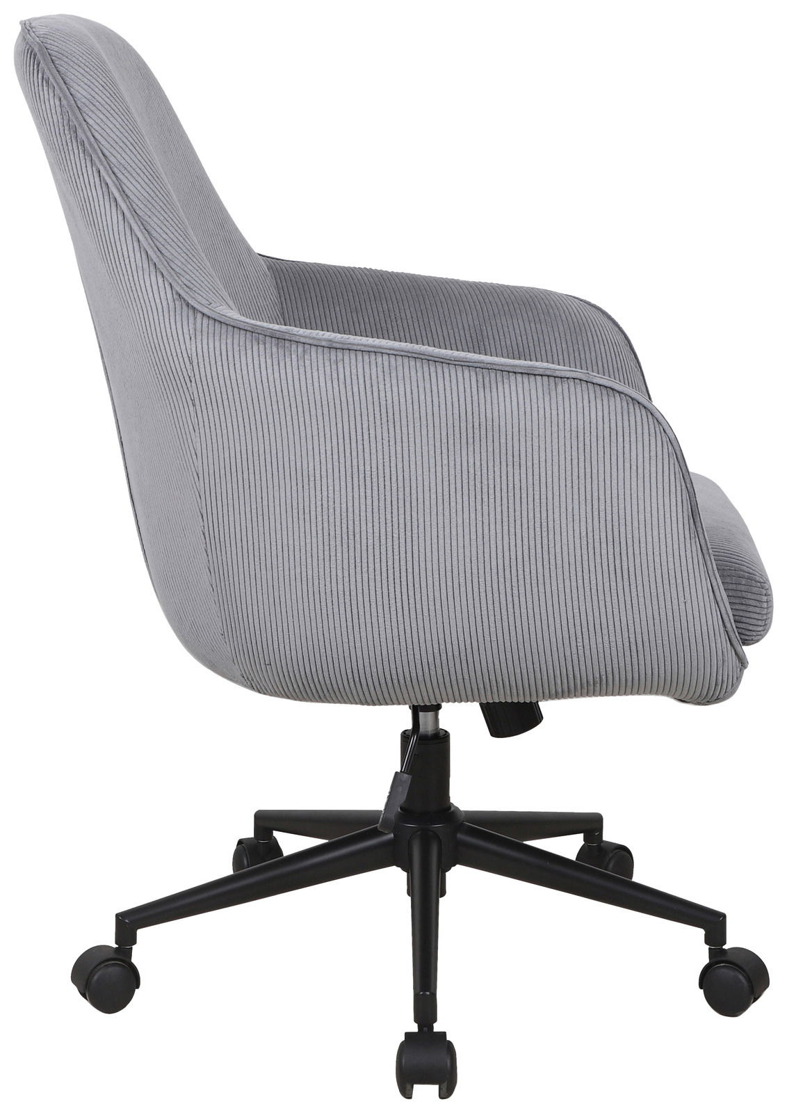 Grauer Drehstuhl mit Stoffbezug, Seitenansicht