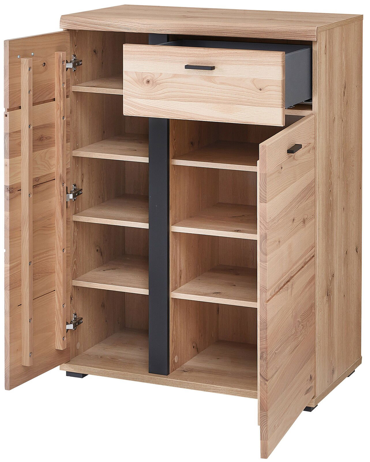 Schuhschrank aus Holz mit geöffneter Schublade und Türen, seitliche Perspektive