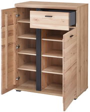 Schuhschrank aus Holz mit geöffneter Schublade und Türen, seitliche Perspektive