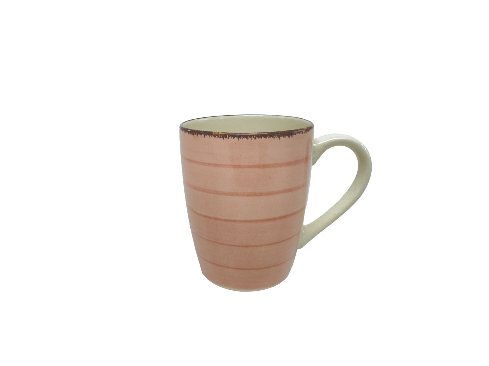 Keramiktasse mit rosa Streifenmuster, seitliche Perspektive