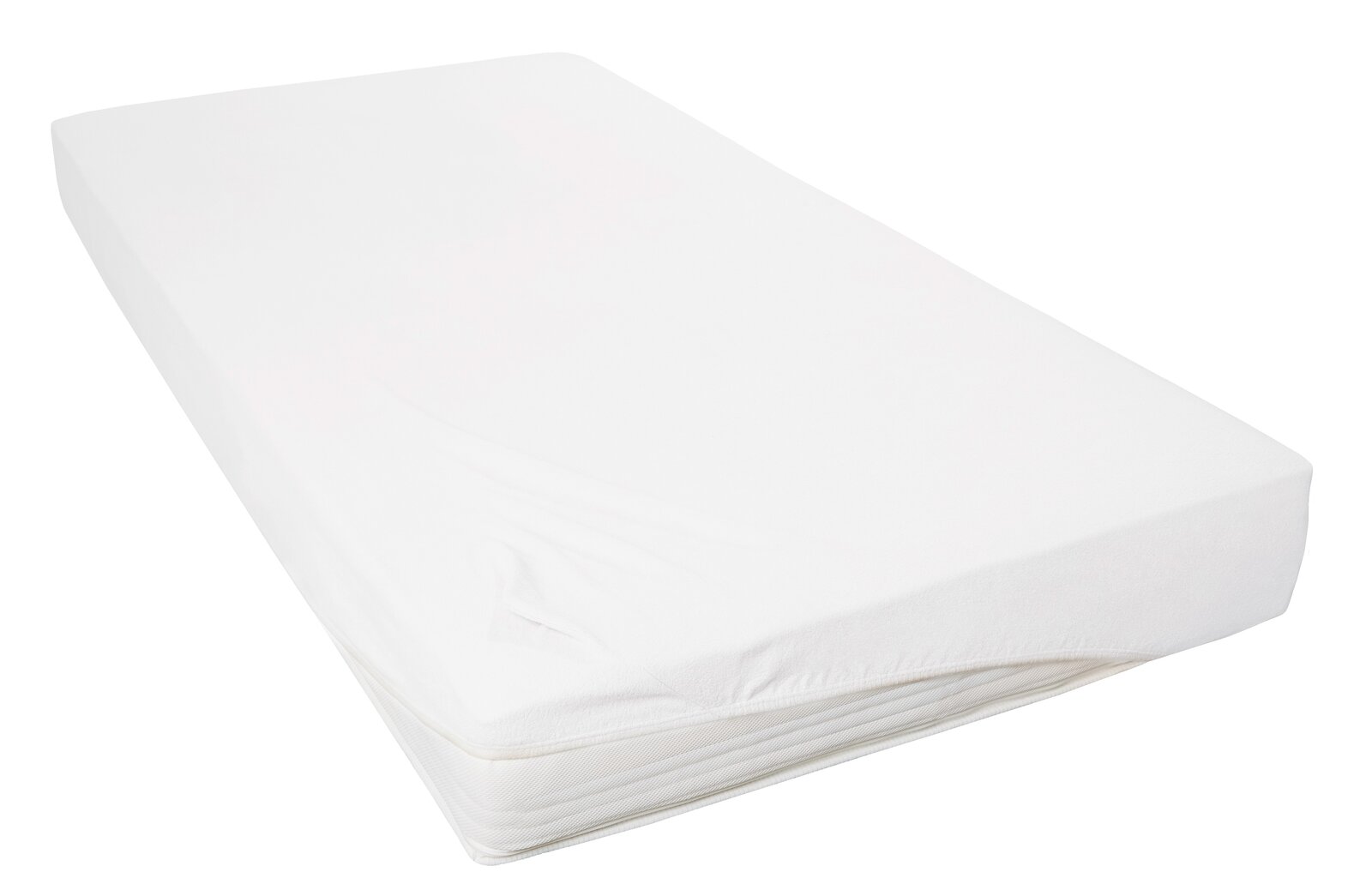 Novel Spannbetttuch TEDDY-FLAUSCH Weißes Spannbetttuch auf einer Matratze, seitliche Perspektive