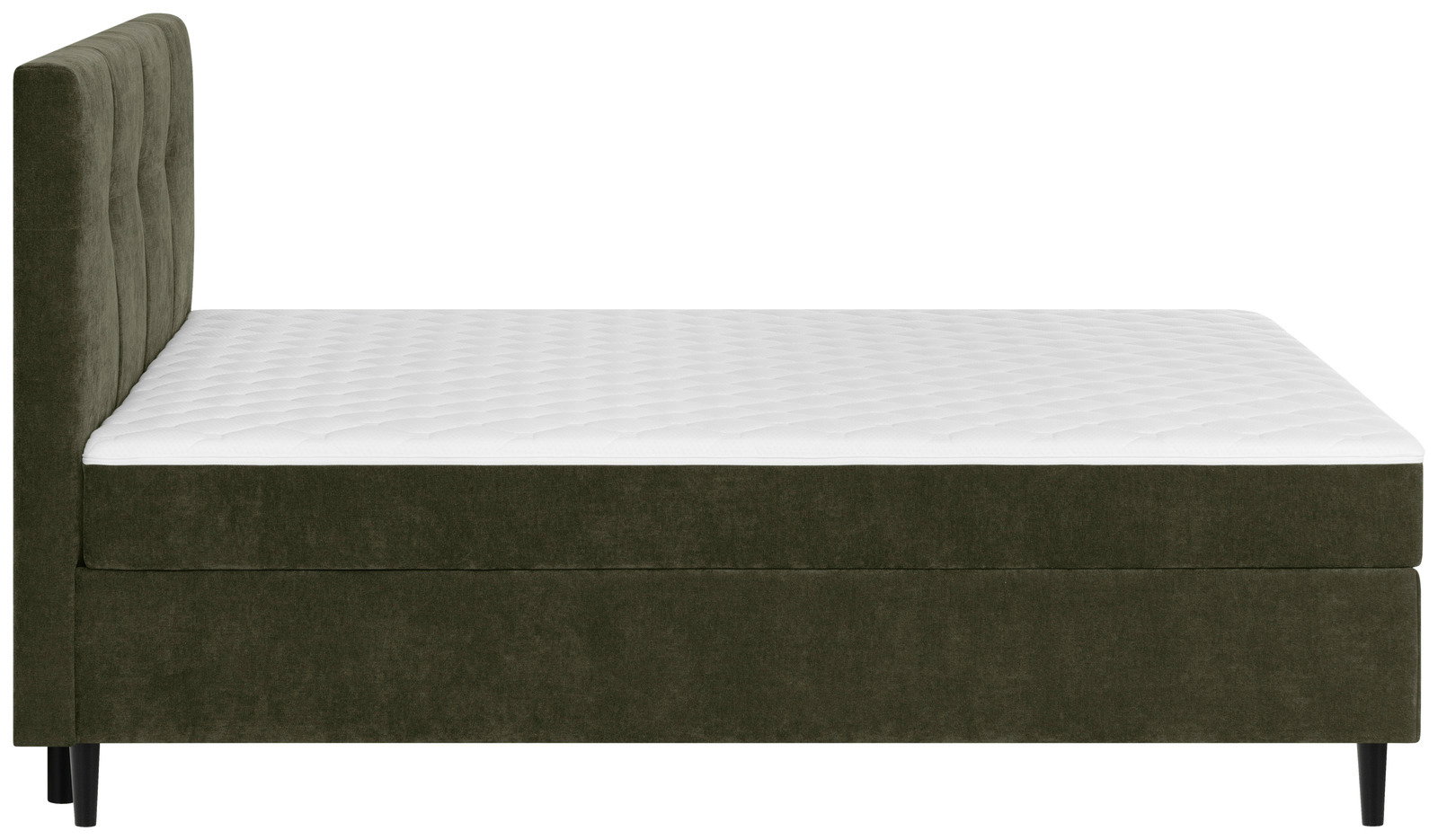 Seitenansicht eines Boxbetts mit dunkelgrünem Stoffbezug und weißer Matratze.