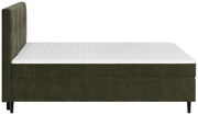 Seitenansicht eines Boxbetts mit dunkelgrünem Stoffbezug und weißer Matratze.
