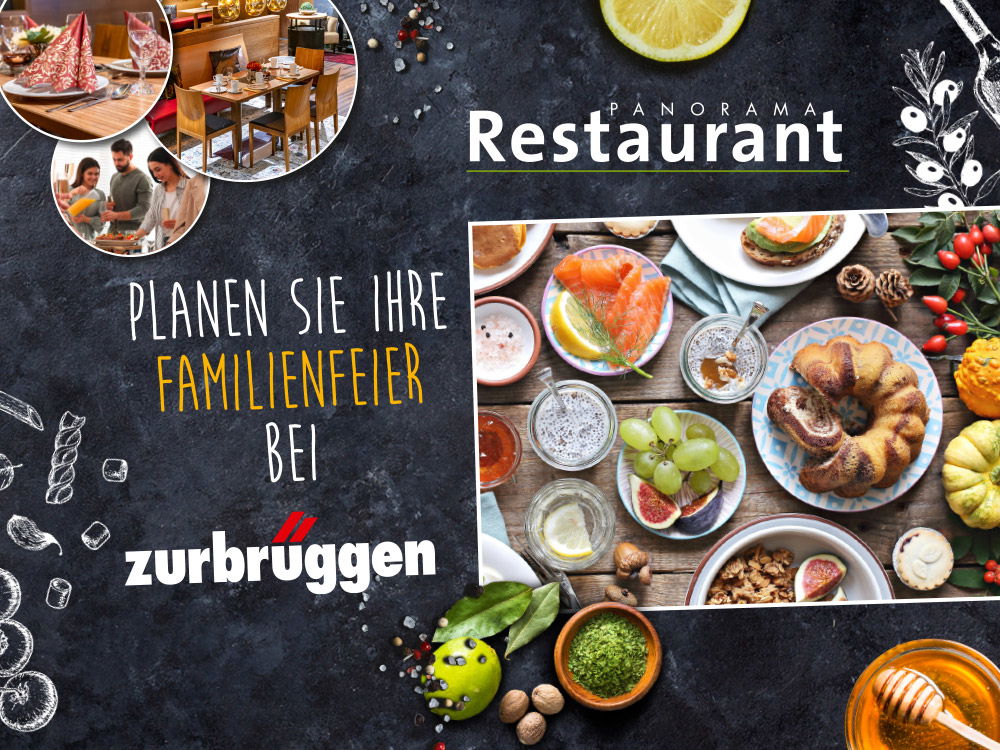 Werbebild für das Panorama Restaurant Zurbrüggen mit gedecktem Tisch und leckerem Essen.