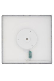 Quadratische LED-Deckenleuchte von oben betrachtet, mit zentraler Befestigung und elektronischer Komponente.