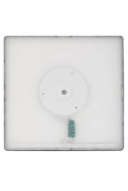 Quadratische LED-Deckenleuchte von oben betrachtet, mit zentraler Befestigung und elektronischer Komponente.