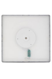Quadratische LED-Deckenleuchte von oben betrachtet, mit zentraler Befestigung und elektronischer Komponente.