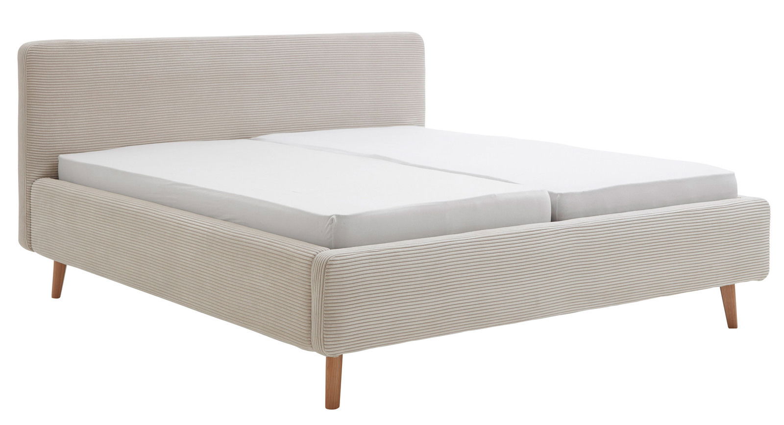 Polsterbettgestell in Beige mit gestreiftem Stoffbezug, seitliche Perspektive