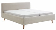 Polsterbettgestell in Beige mit gestreiftem Stoffbezug, seitliche Perspektive