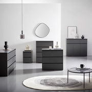 Moderne schwarze Kommoden und Sideboards in einem minimalistischen Raum, frontal und seitlich betrachtet, mit dekorativen Elementen und einem runden Teppich.