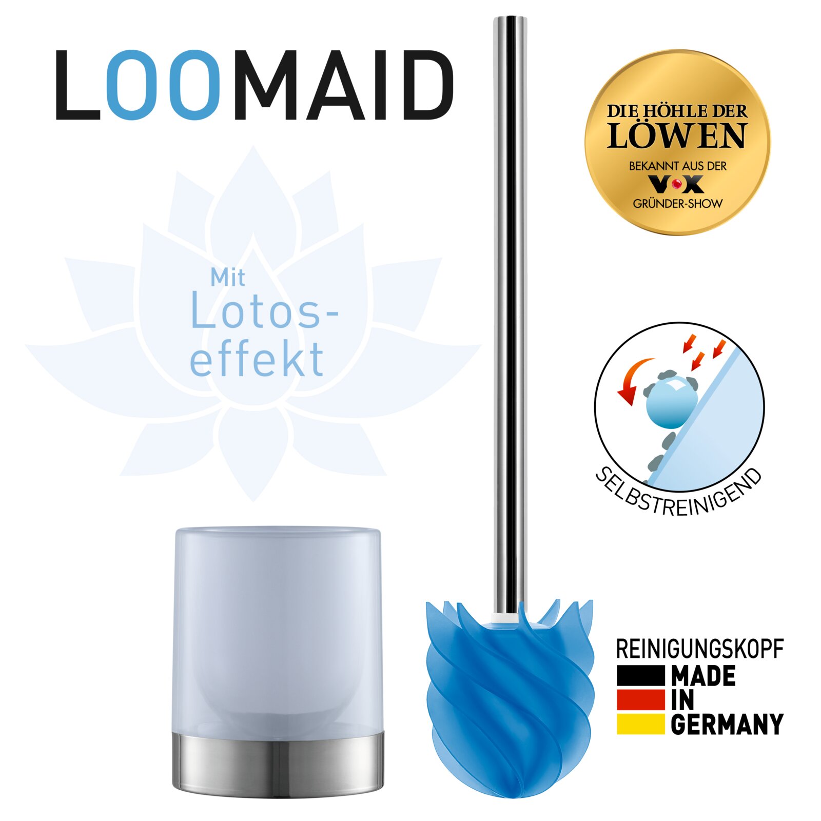 Loomaid selbstreinigende Toilettenbürste mit blauem Reinigungskopf, Edelstahlgriff und transparentem Halter mit Lotuseffekt – in frontaler Produktansicht, hergestellt in Deutschland