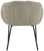 Rückansicht eines Armlehnstuhls mit gepolsterter Rückenlehne und schwarzen Metallbeinen