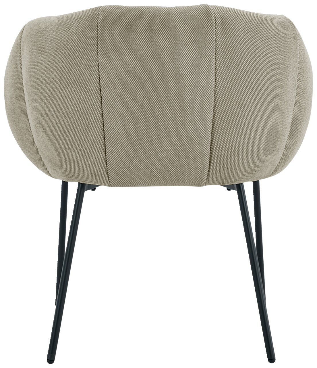 Rückansicht eines Armlehnstuhls mit gepolsterter Rückenlehne und schwarzen Metallbeinen