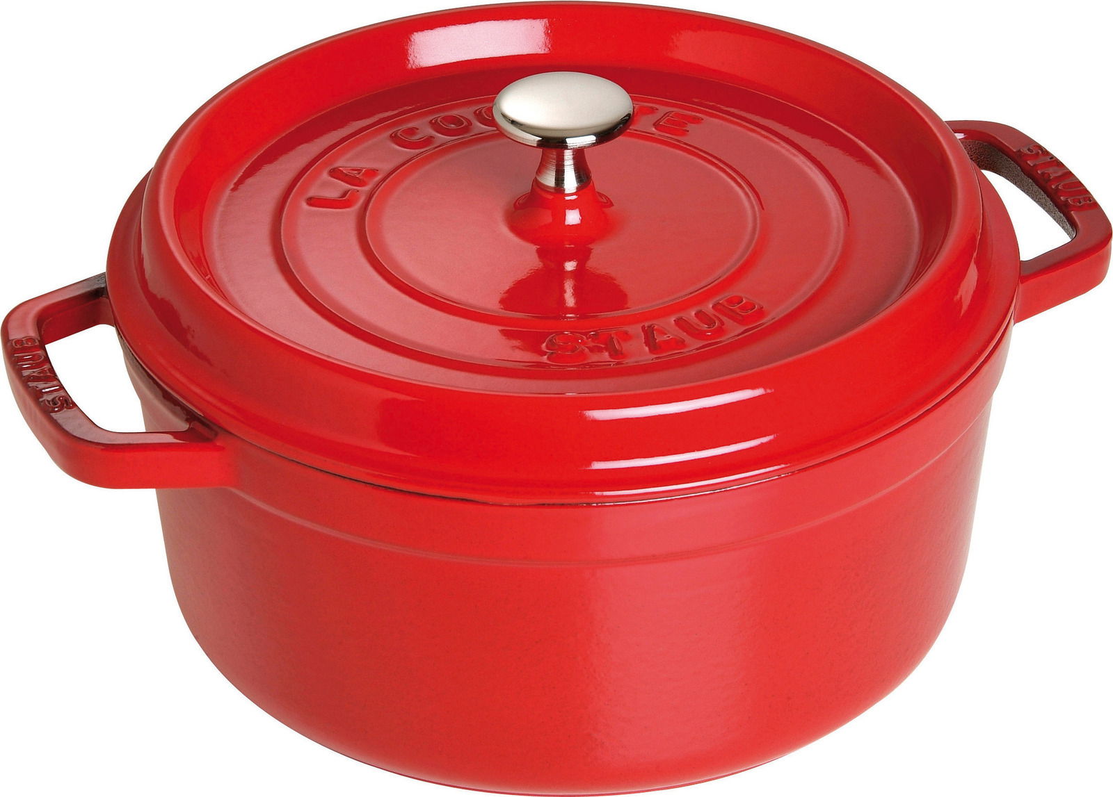 Rote runde Cocotte mit Deckel und silbernem Knauf, seitliche Perspektive