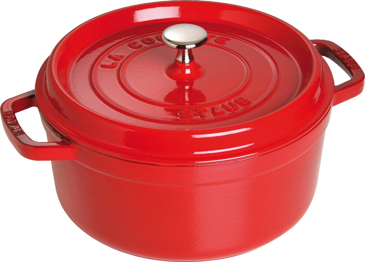 Staub Bräter Rote runde Cocotte mit Deckel und silbernem Knauf, seitliche Perspektive