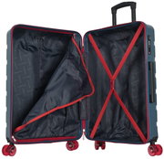 Geöffneter Hartschalen-Trolley in Blau mit rotem Innenfutter, Reißverschluss-Trennfach und roten Kreuzspanngurten, Innenansicht frontal von vorn