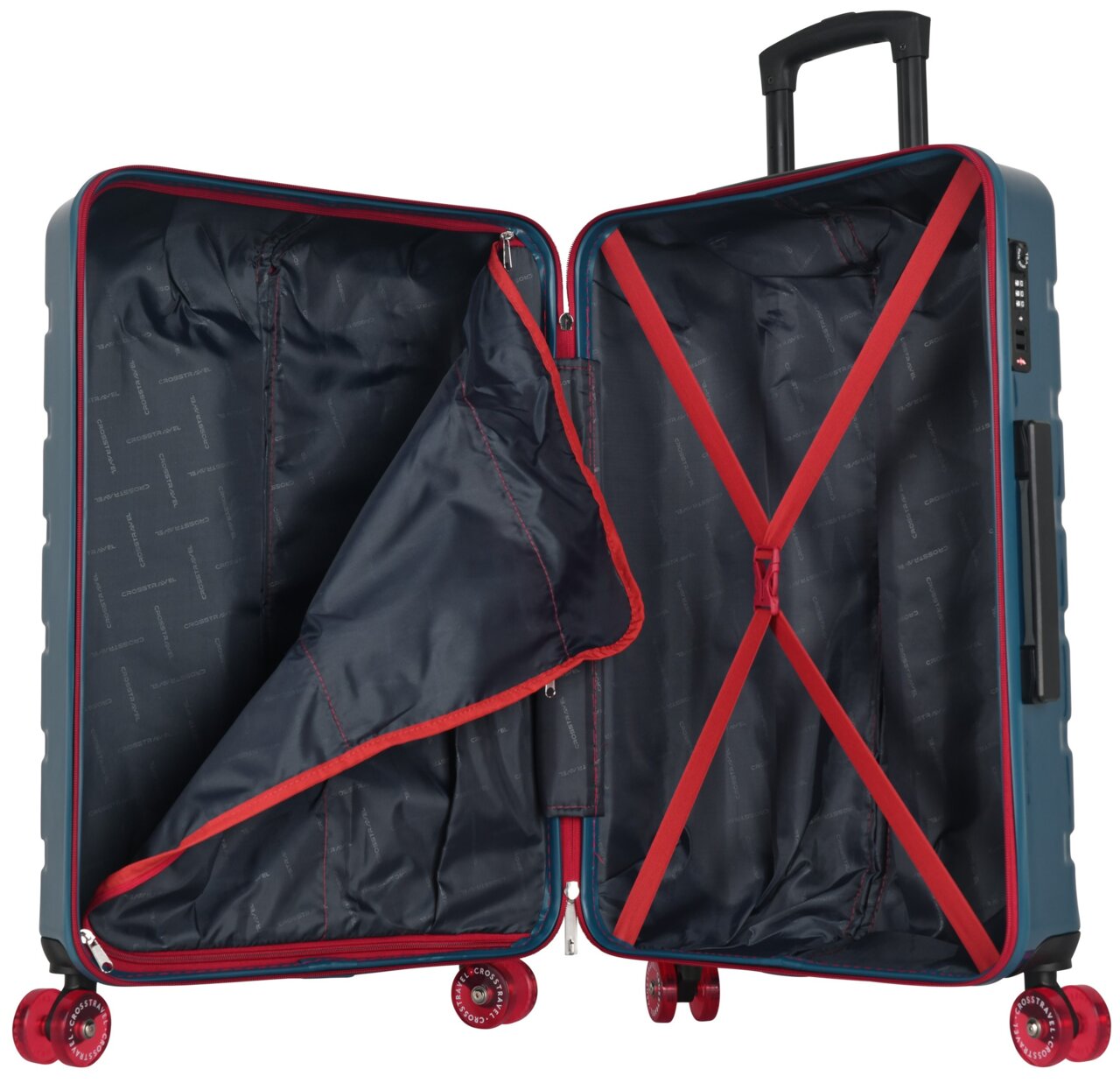 Geöffneter Hartschalen-Trolley in Blau mit rotem Innenfutter, Reißverschluss-Trennfach und roten Kreuzspanngurten, Innenansicht frontal von vorn